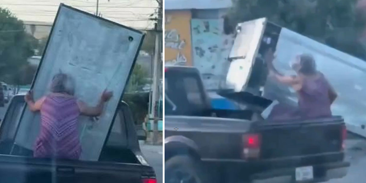 Refrigerador sale volando luego de que abuelita ya no pudiera agarrarlo